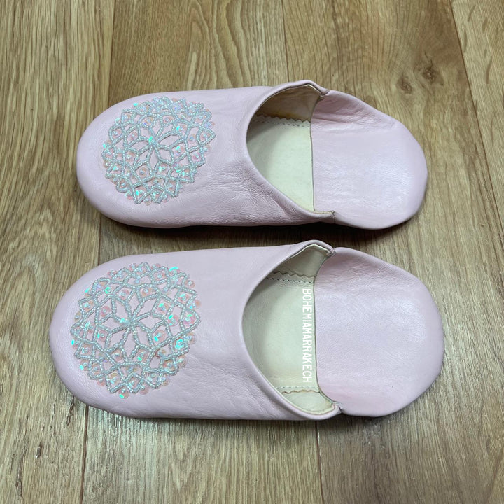 Pink Moroccan babouche slippers handmade in leather with beaded and embroidered geometric design