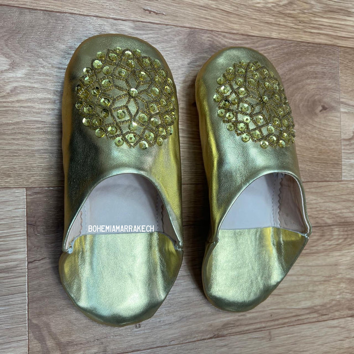 Gold Moroccan babouche slippers handmade in metallic leather with beaded geometric embroidery