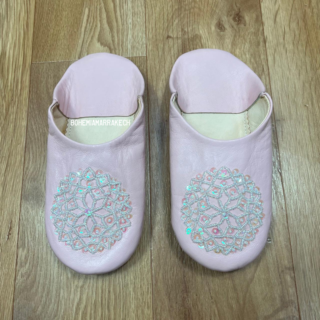 Pink Moroccan babouche slippers handmade in leather with beaded and embroidered geometric design