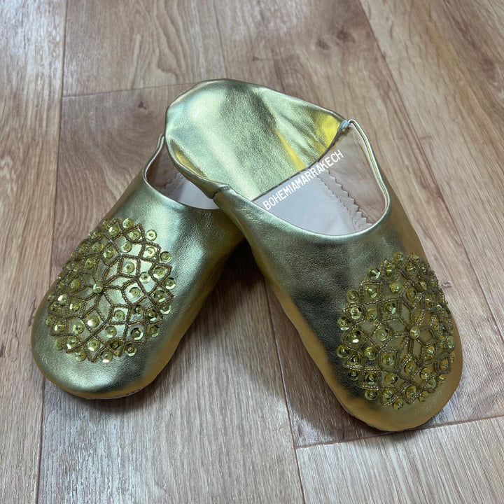 Gold Moroccan babouche slippers handmade in metallic leather with beaded geometric embroidery
