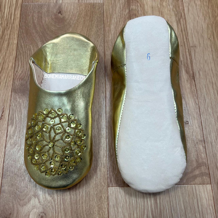 Gold Moroccan babouche slippers handmade in metallic leather with beaded geometric embroidery