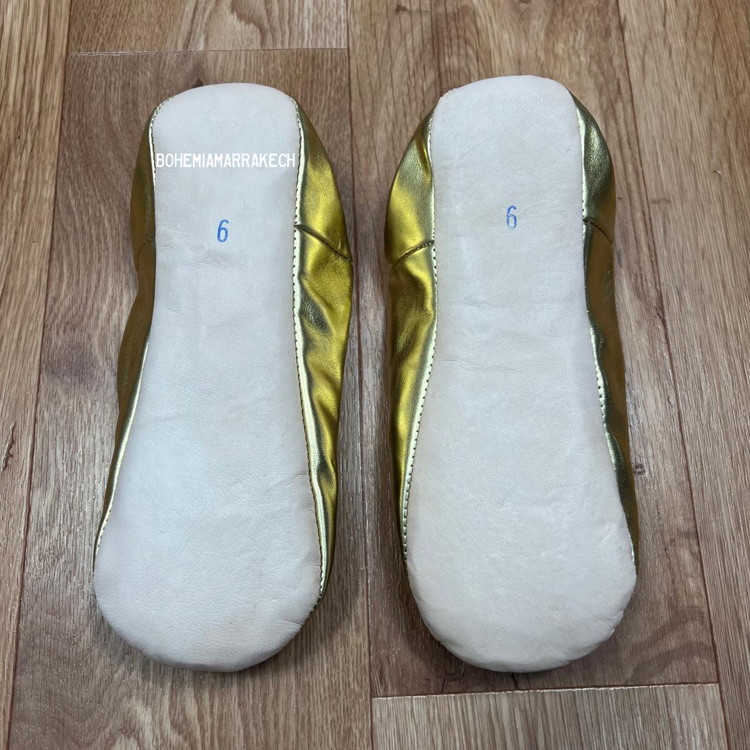 Gold Moroccan babouche slippers handmade in metallic leather with beaded geometric embroidery