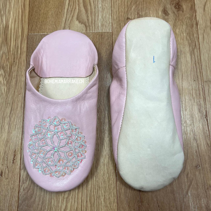 Pink Moroccan babouche slippers handmade in leather with beaded and embroidered geometric design