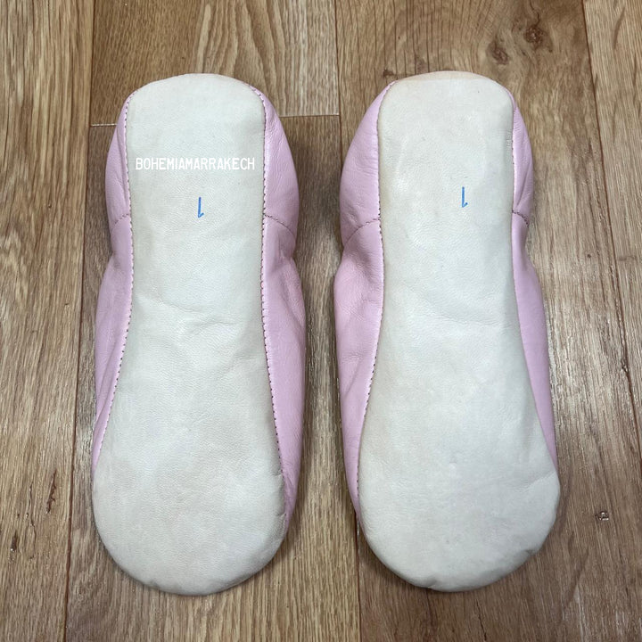 Pink Moroccan babouche slippers handmade in leather with beaded and embroidered geometric design