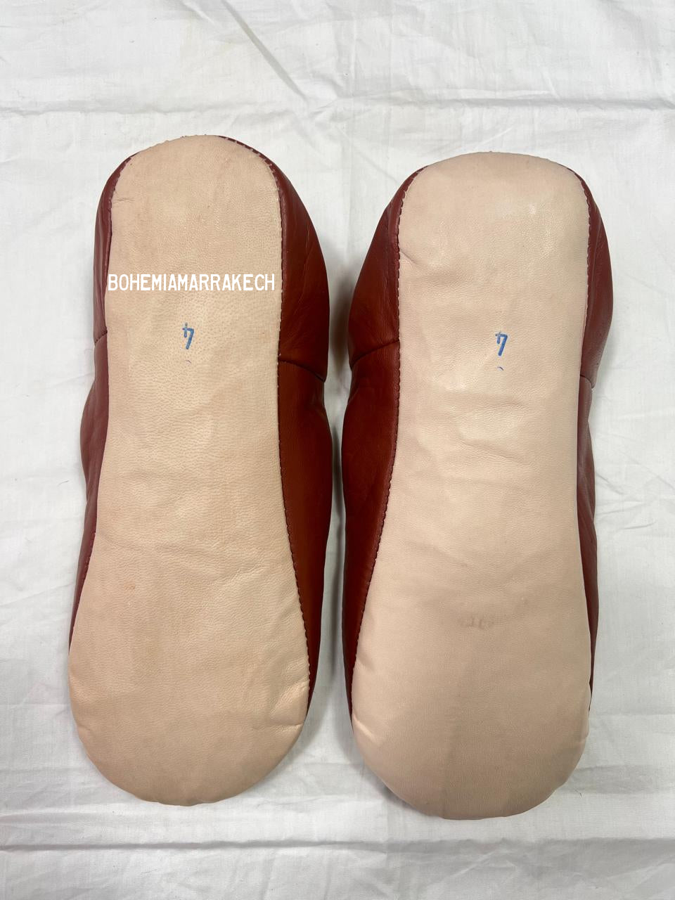 Handmade terracotta Moroccan leather babouche slippers with flat sole