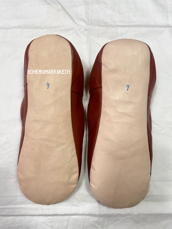 Handmade terracotta Moroccan leather babouche slippers with flat sole