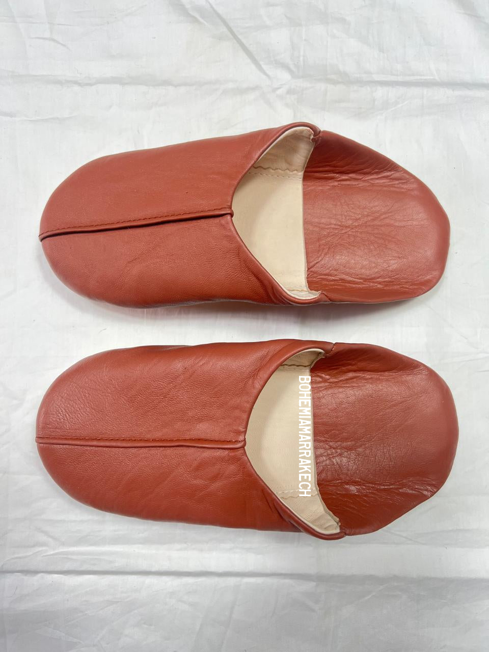 Handmade terracotta Moroccan leather babouche slippers with flat sole
