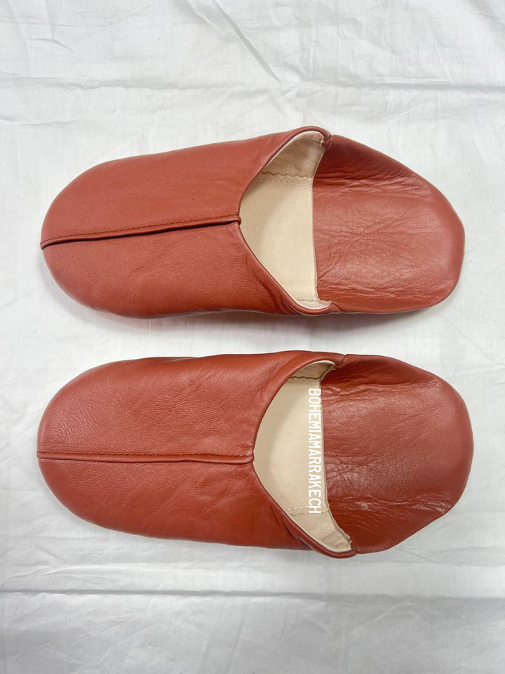 Handmade terracotta Moroccan leather babouche slippers with flat sole
