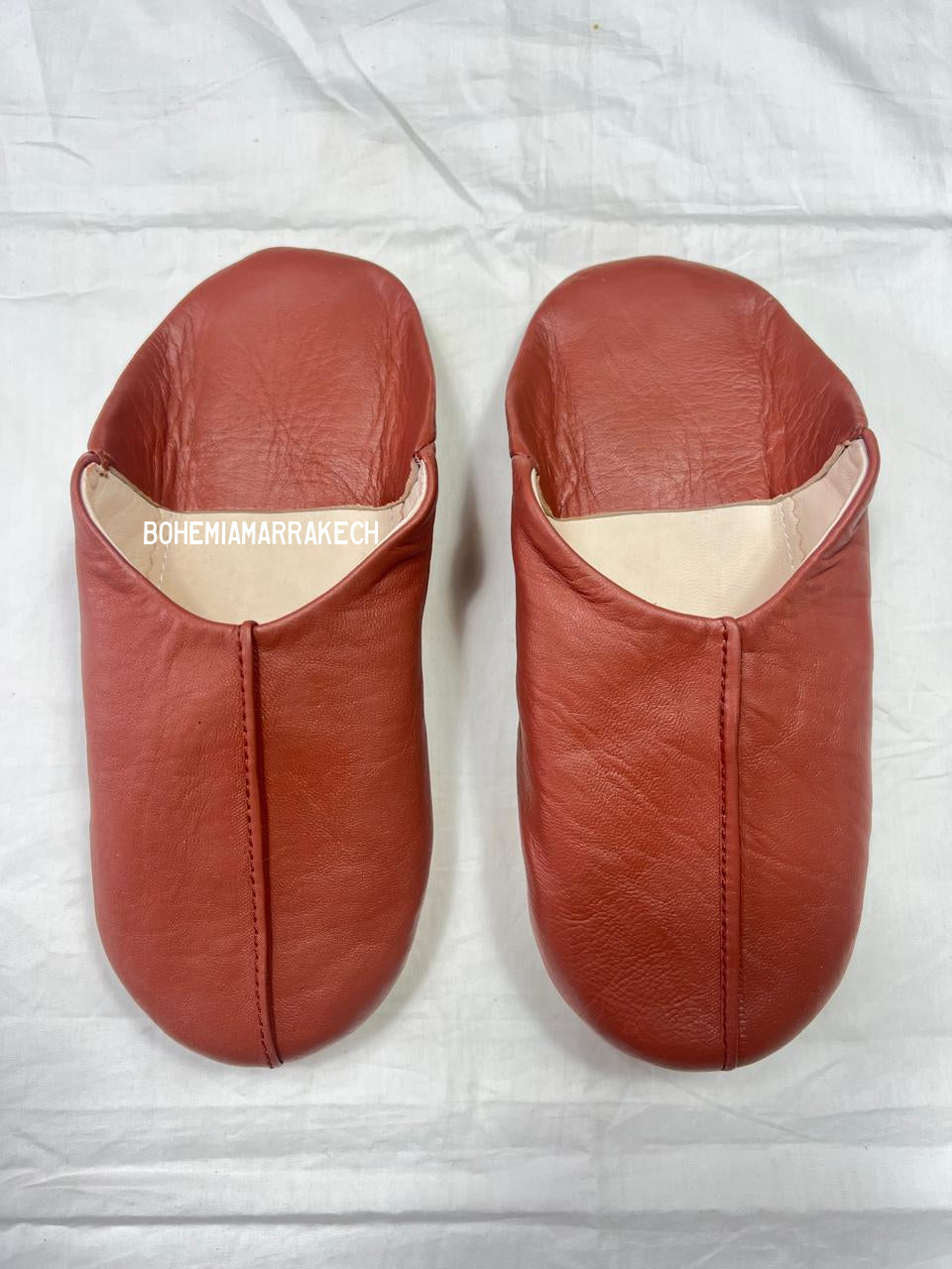 Handmade terracotta Moroccan leather babouche slippers with flat sole