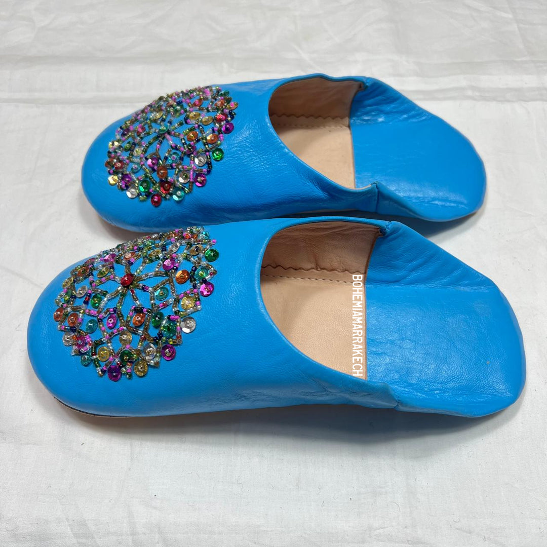 Handmade blue Moroccan leather babouche slippers with colorful beadwork