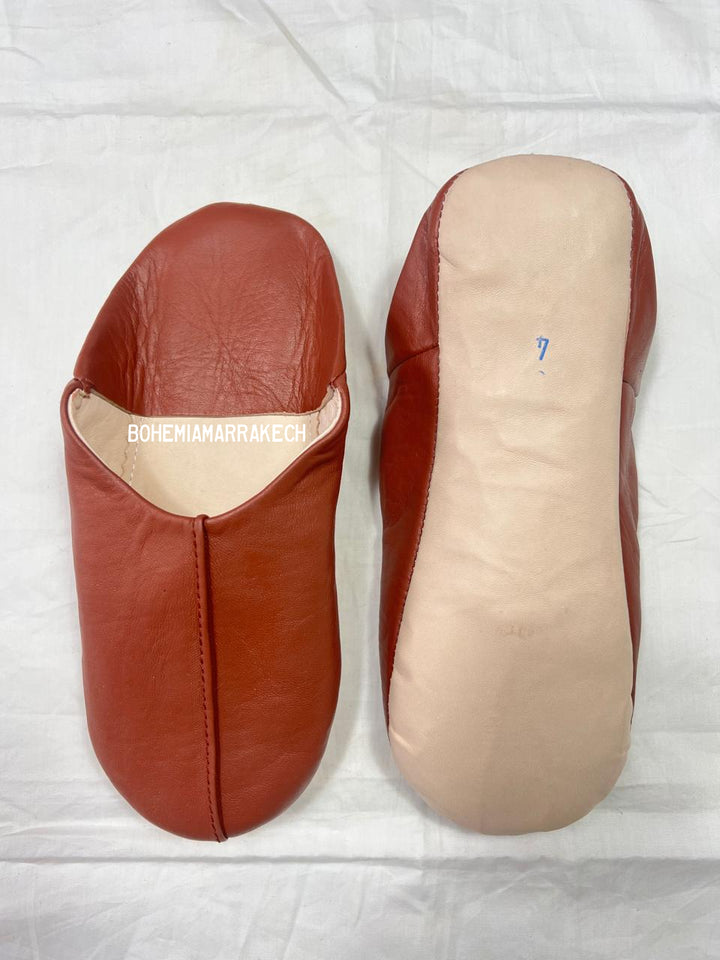 Handmade terracotta Moroccan leather babouche slippers with flat sole