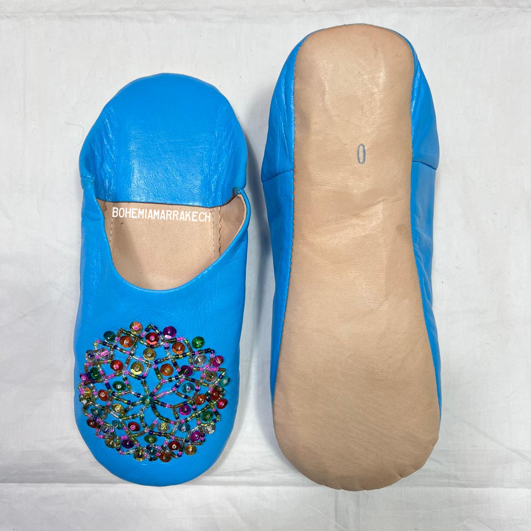 Handmade blue Moroccan leather babouche slippers with colorful beadwork