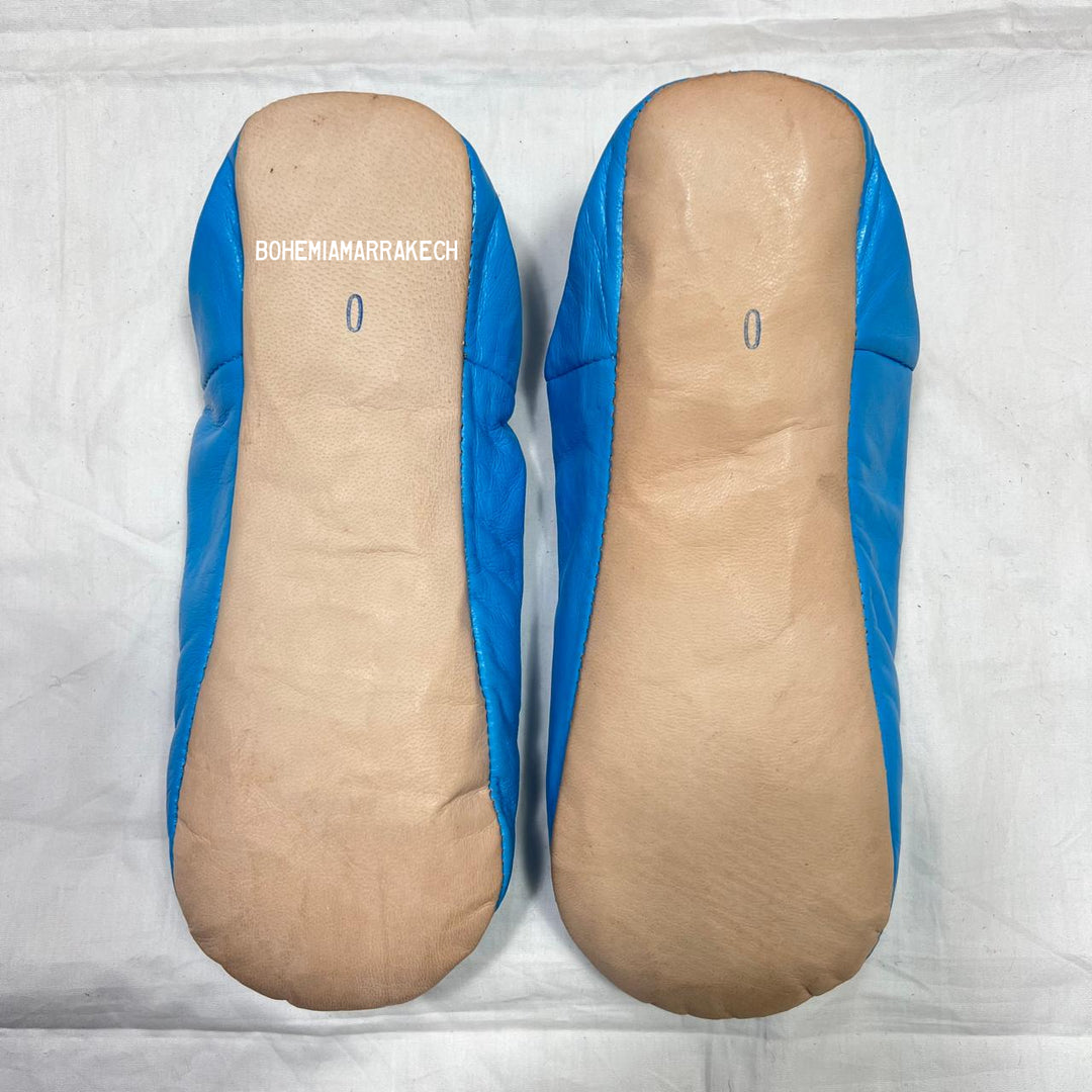 Handmade blue Moroccan leather babouche slippers with colorful beadwork