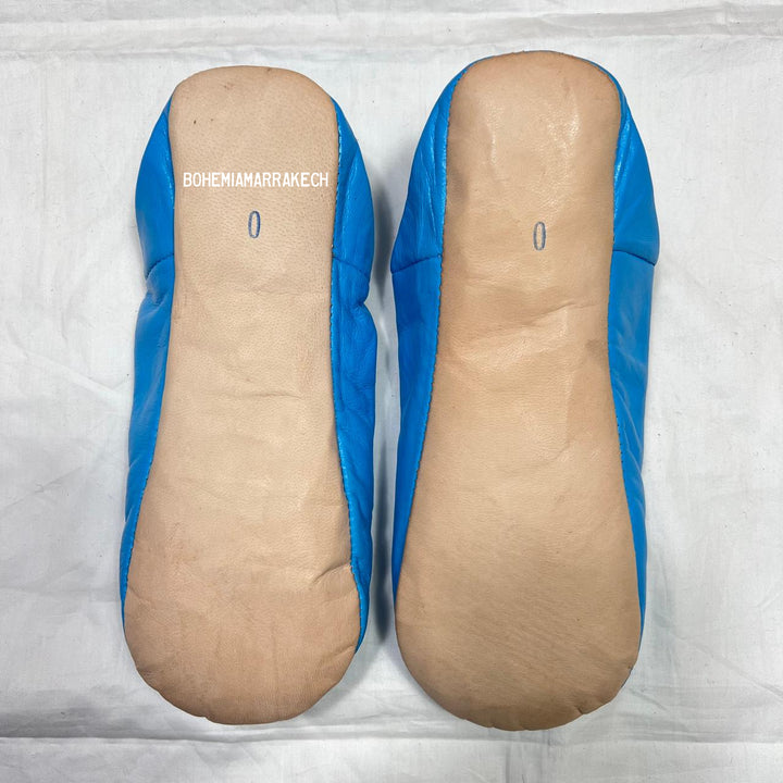 Handmade blue Moroccan leather babouche slippers with colorful beadwork