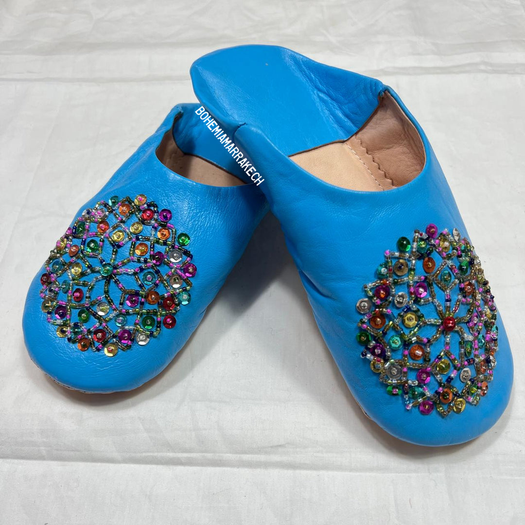 Handmade blue Moroccan leather babouche slippers with colorful beadwork