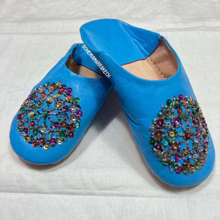 Handmade blue Moroccan leather babouche slippers with colorful beadwork
