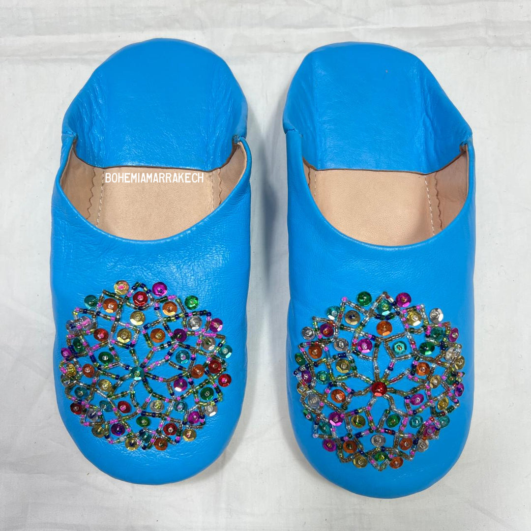 Handmade blue Moroccan leather babouche slippers with colorful beadwork