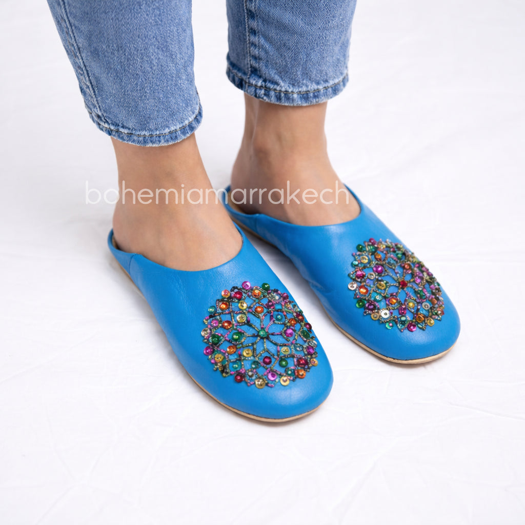 Handmade blue Moroccan leather babouche slippers with colorful beadwork
