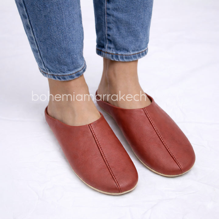 Handmade terracotta Moroccan leather babouche slippers with flat sole