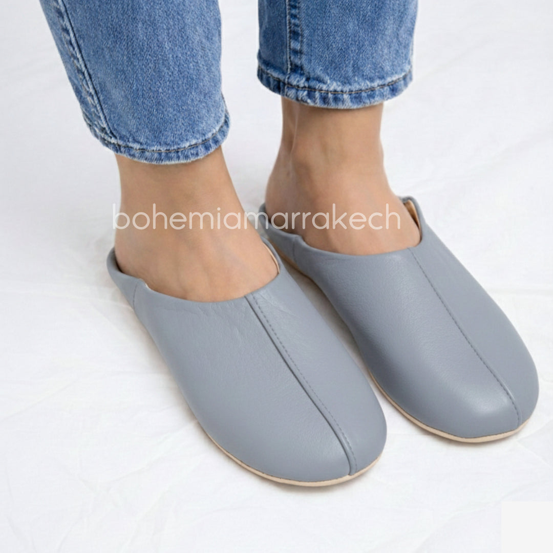 Handmade gray Moroccan leather babouche slippers with minimalist plain design