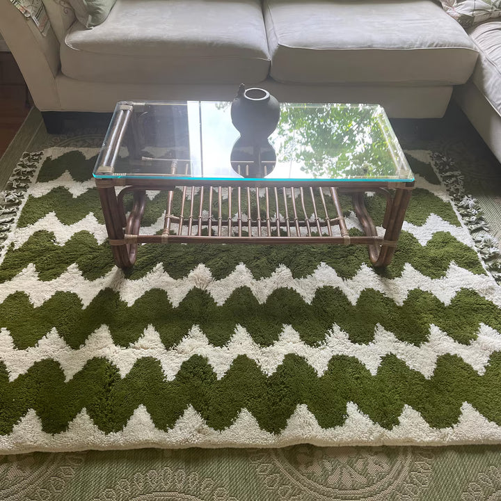 Green & White Moroccan Wool Rug – Wavy Berber Design