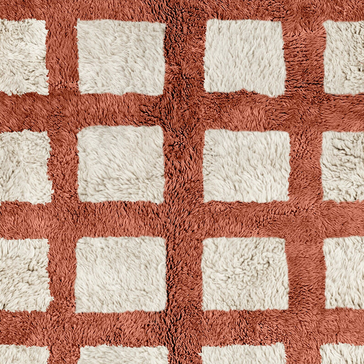Checkered pattern rug with alternating brown and white squares
