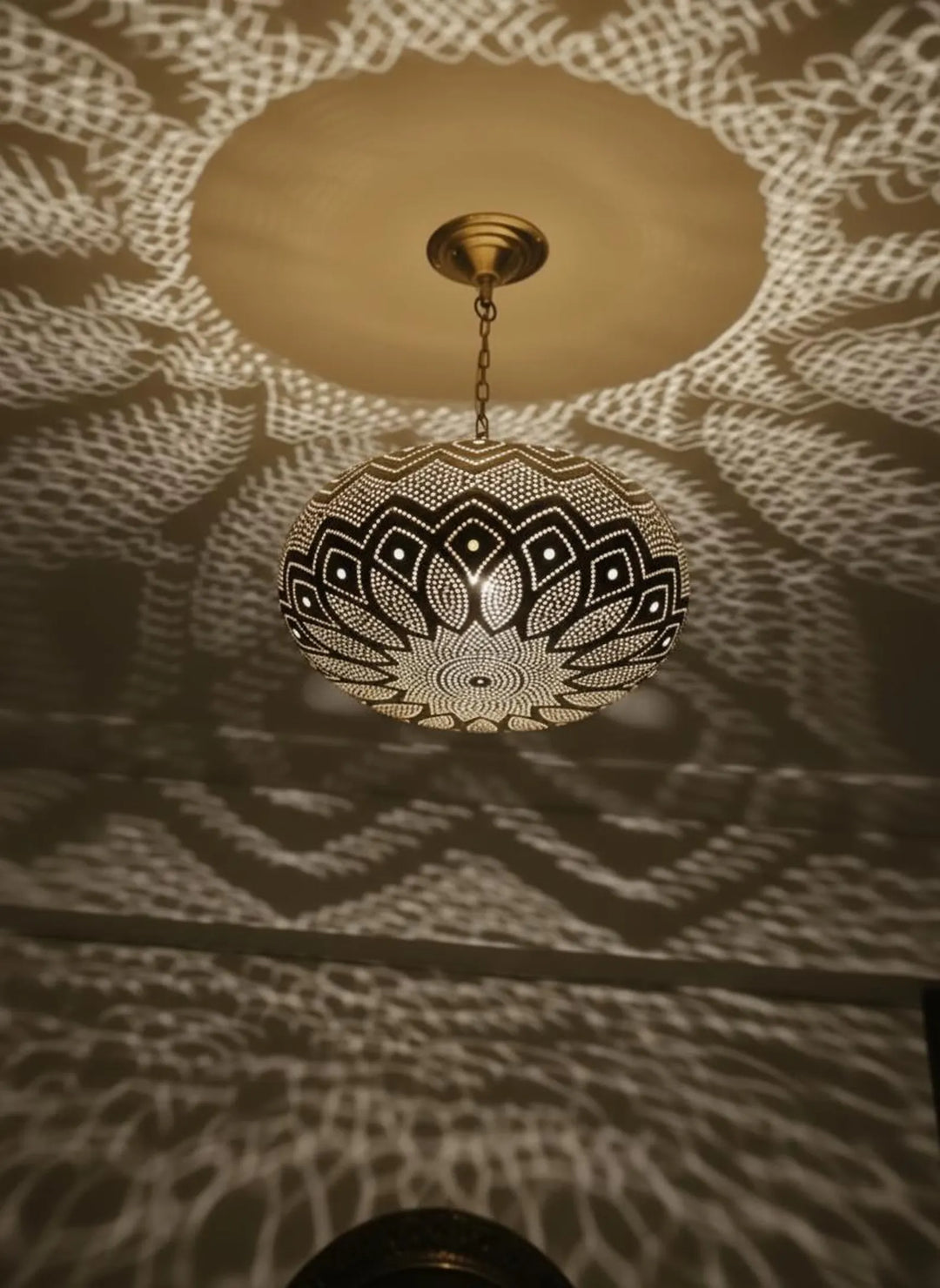 Handmade Moroccan Brass Pendant Light – Wide Teardrop Perforated Ceiling Lamp