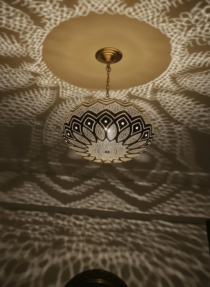 Handmade Moroccan Brass Pendant Light – Wide Teardrop Perforated Ceiling Lamp