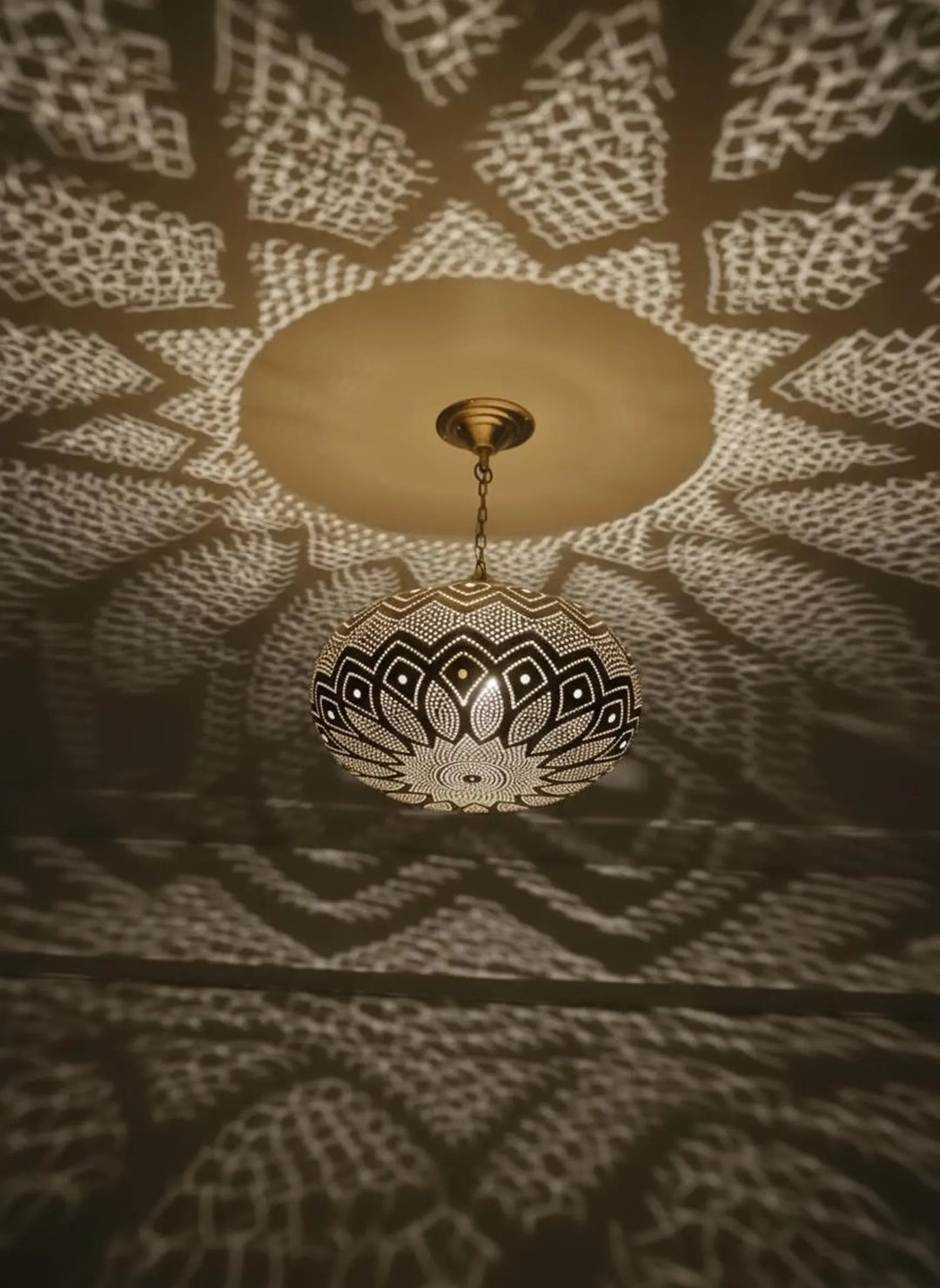 Handmade Moroccan Brass Pendant Light – Wide Teardrop Perforated Ceiling Lamp