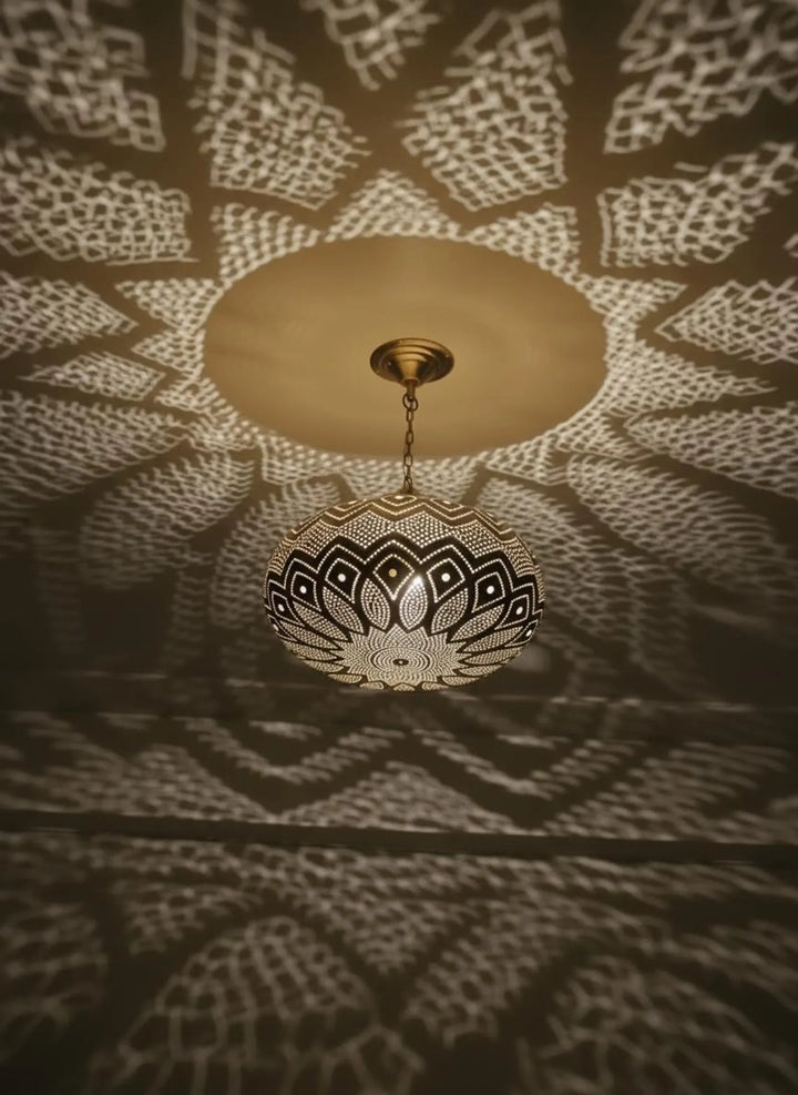 Handmade Moroccan Brass Pendant Light – Wide Teardrop Perforated Ceiling Lamp