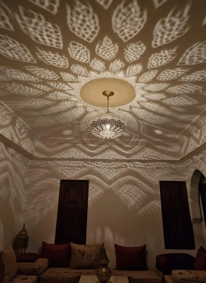 Handmade Moroccan Brass Pendant Light – Wide Teardrop Perforated Ceiling Lamp