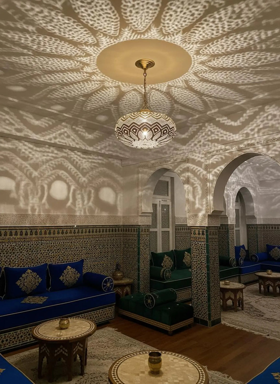 Handmade Moroccan Brass Pendant Light – Wide Teardrop Perforated Ceiling Lamp