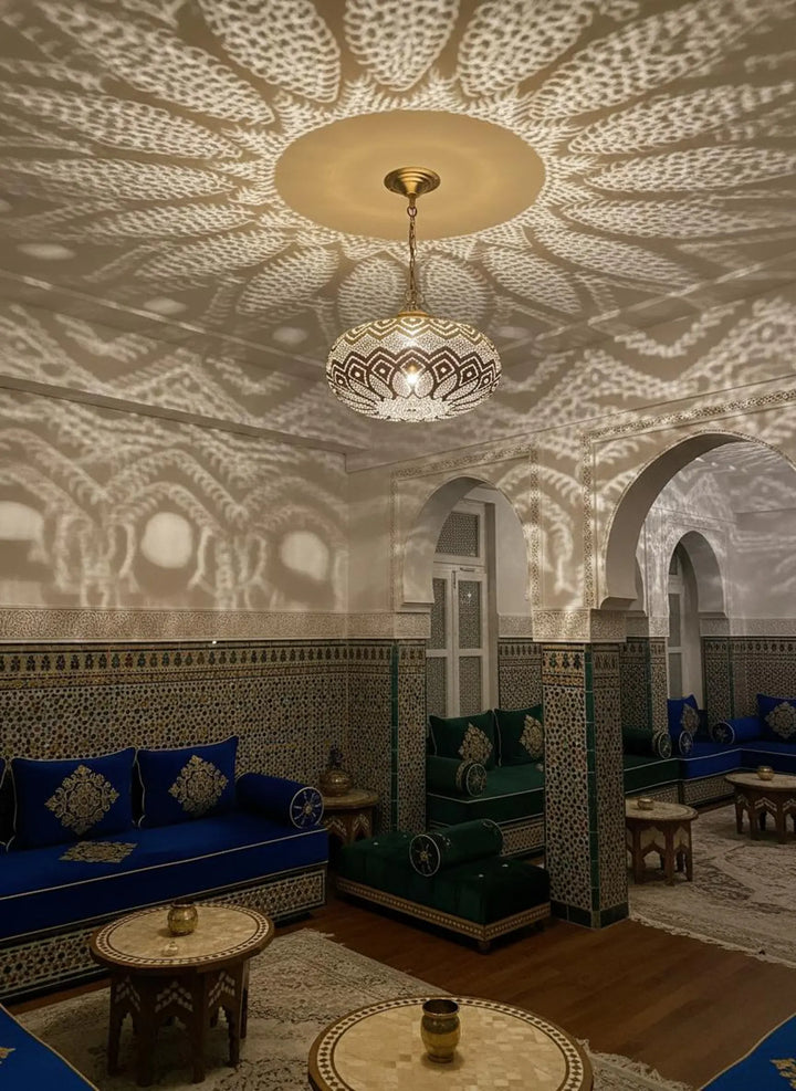 Handmade Moroccan Brass Pendant Light – Wide Teardrop Perforated Ceiling Lamp
