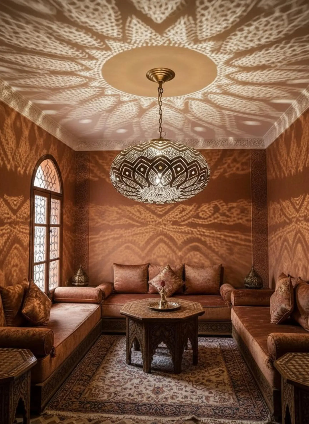 Handmade Moroccan Brass Pendant Light – Wide Teardrop Perforated Ceiling Lamp