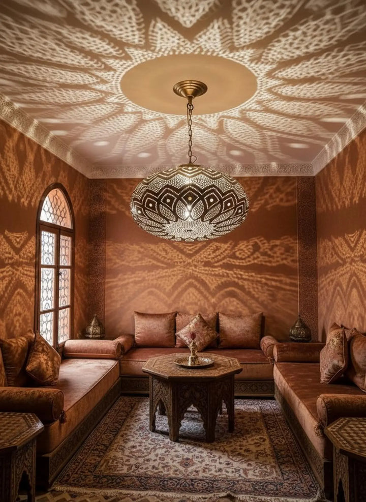 Handmade Moroccan Brass Pendant Light – Wide Teardrop Perforated Ceiling Lamp