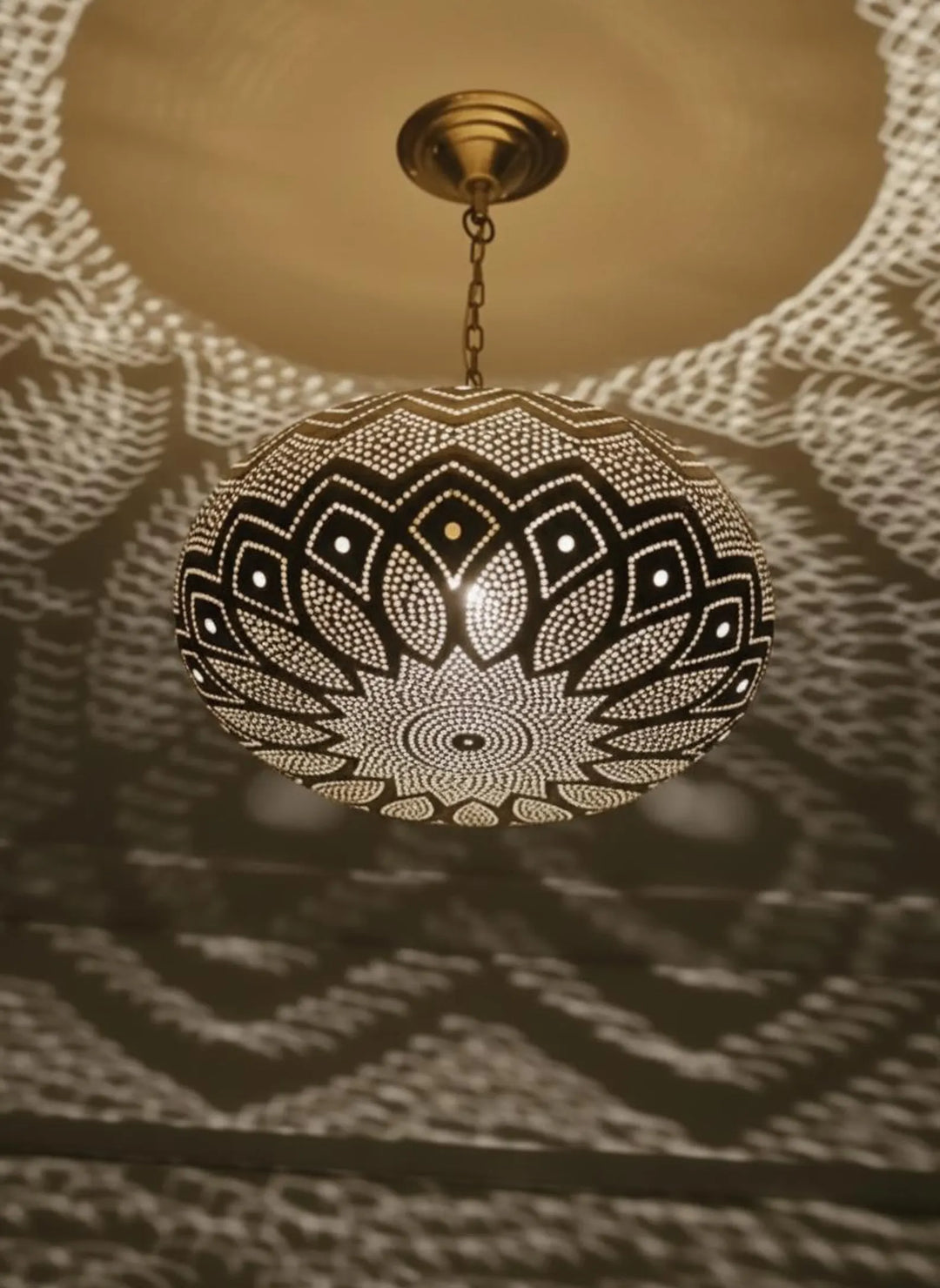 Handmade Moroccan Brass Pendant Light – Wide Teardrop Perforated Ceiling Lamp