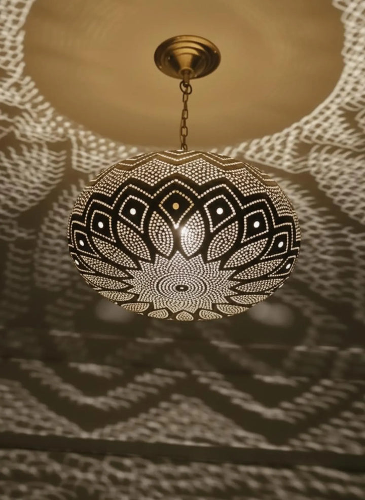 Handmade Moroccan Brass Pendant Light – Wide Teardrop Perforated Ceiling Lamp