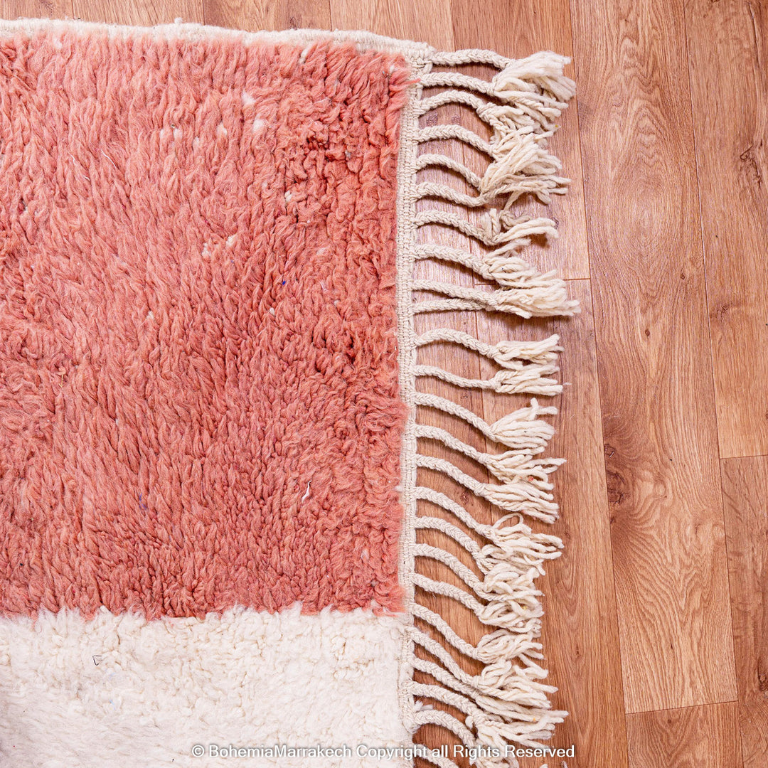 Handmade color block Moroccan rug with orange, black, pink, and blue wool – Beni Ourain style