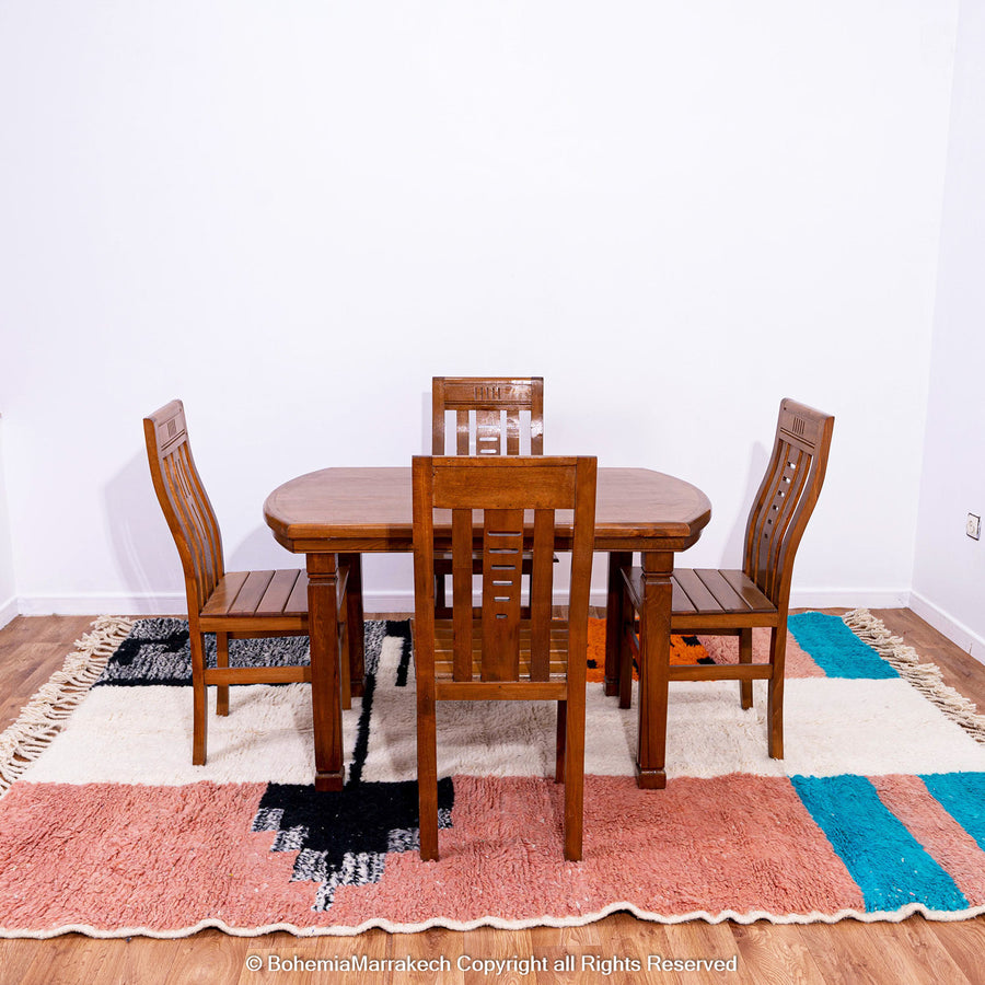 Handmade color block Moroccan rug with orange, black, pink, and blue wool – Beni Ourain style