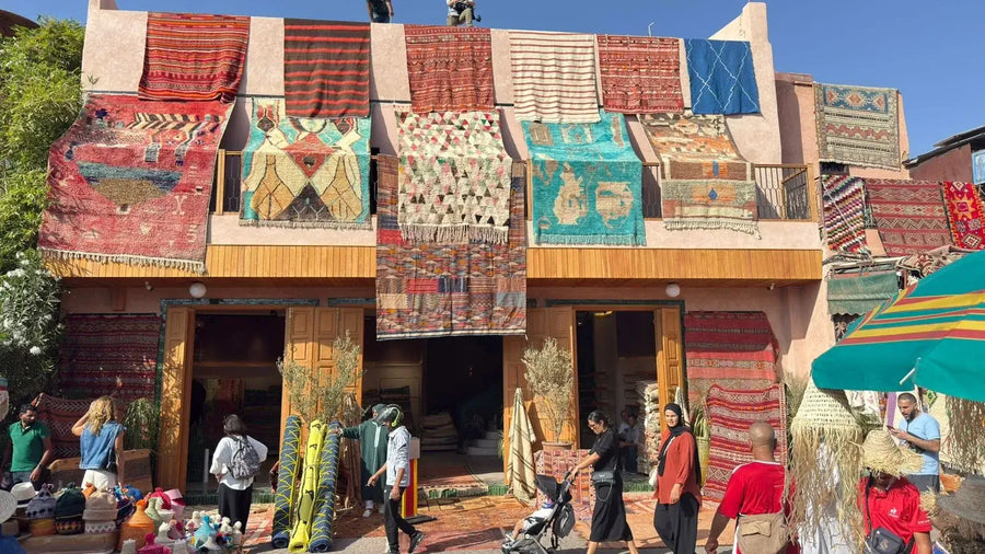 Handmade Moroccan rugs hanging in Marrakech — authentic Berber wool carpets from Bohemia Marrakech.