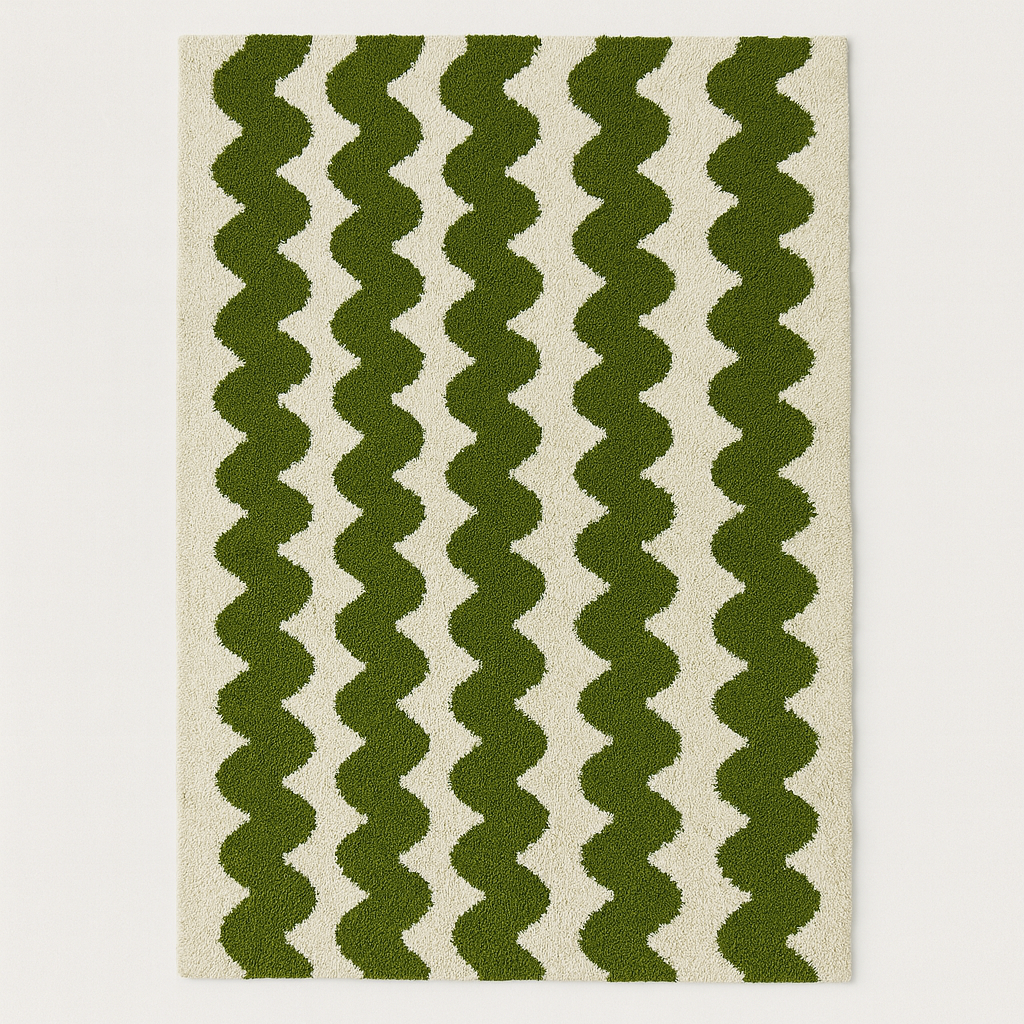 Green and beige zigzag patterned rug on a plain background