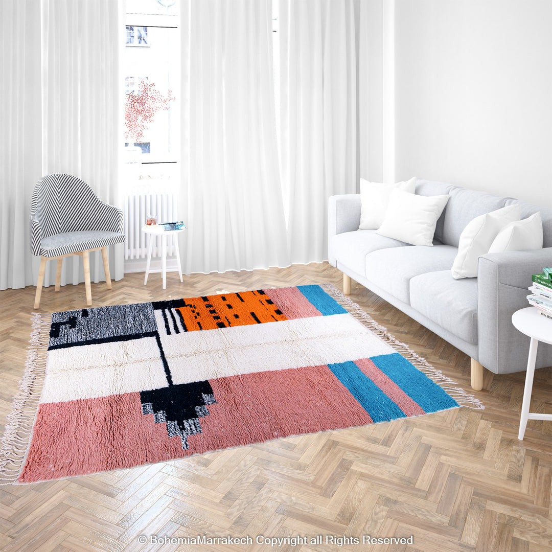 Handmade color block Moroccan rug with orange, black, pink, and blue wool – Beni Ourain style
