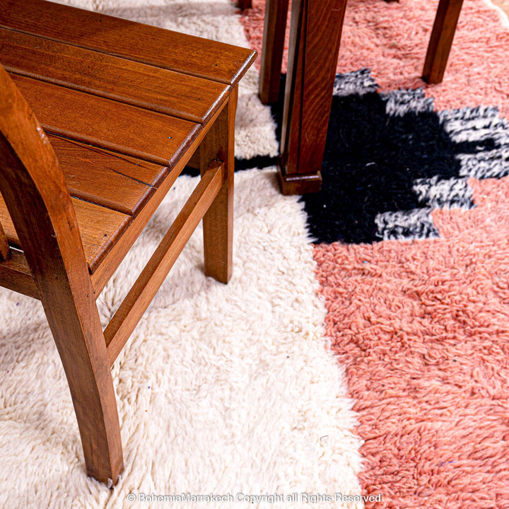 Handmade color block Moroccan rug with orange, black, pink, and blue wool – Beni Ourain style