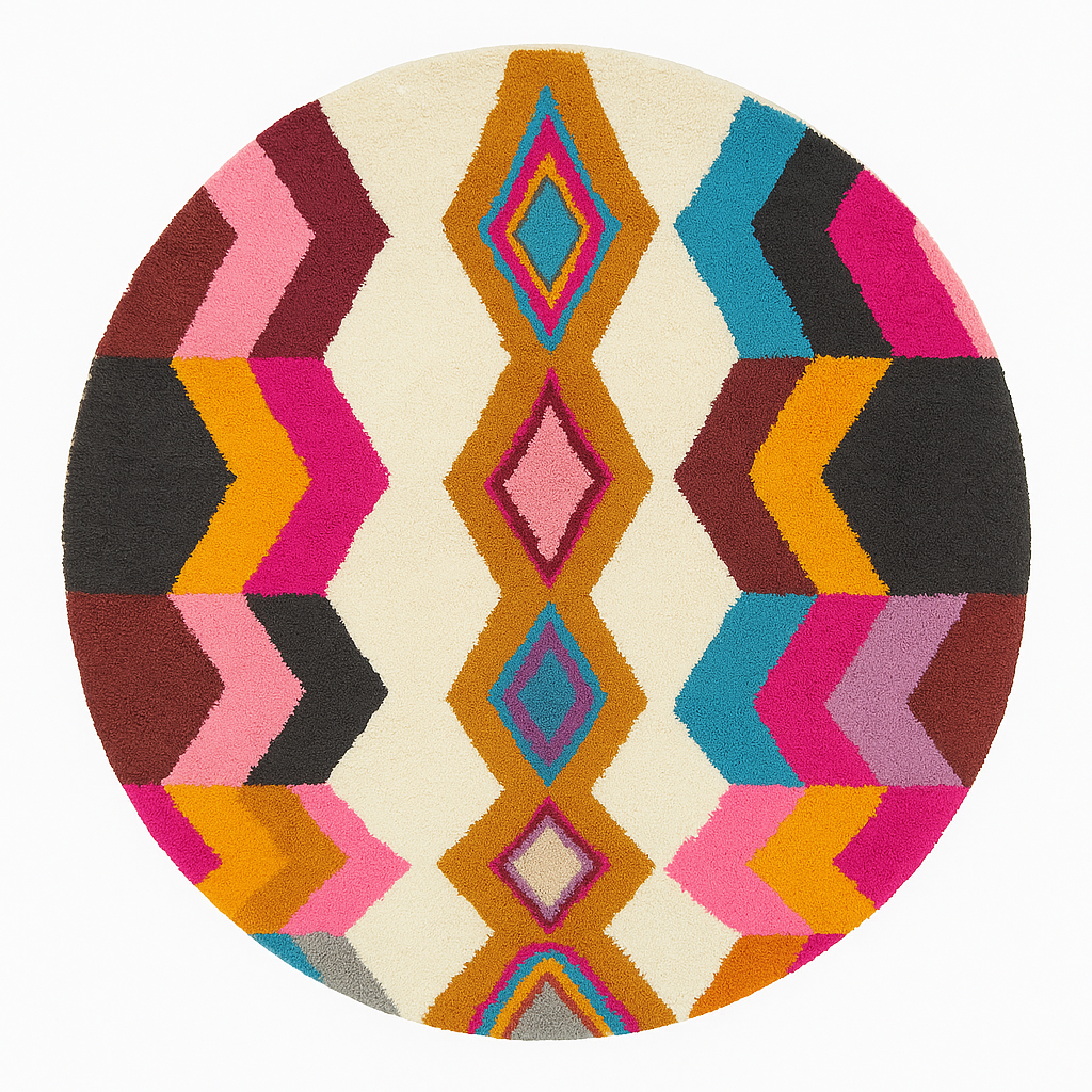 Round Moroccan wool rug with colorful diamond and chevron design handmade by artisans