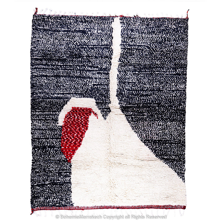 Handmade Moroccan runner rug featuring a traditional Berber symbol in red and black wool