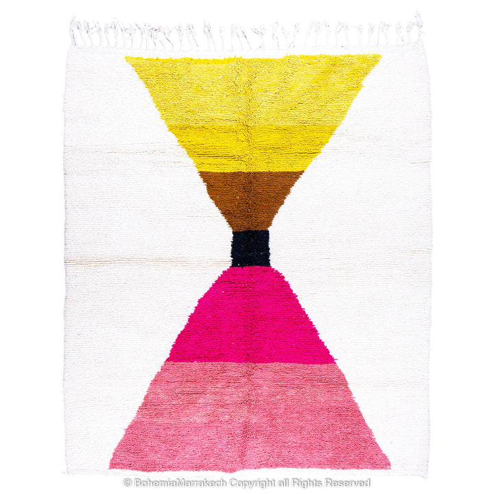 Handmade Moroccan shag rug with yellow and pink abstract hourglass design in Beni Ourain wool style