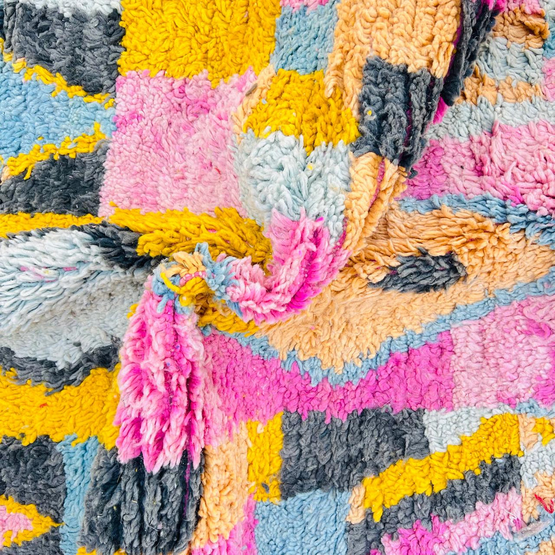 Vintage Moroccan wool rug with colorful Berber geometric pattern, handmade in Morocco