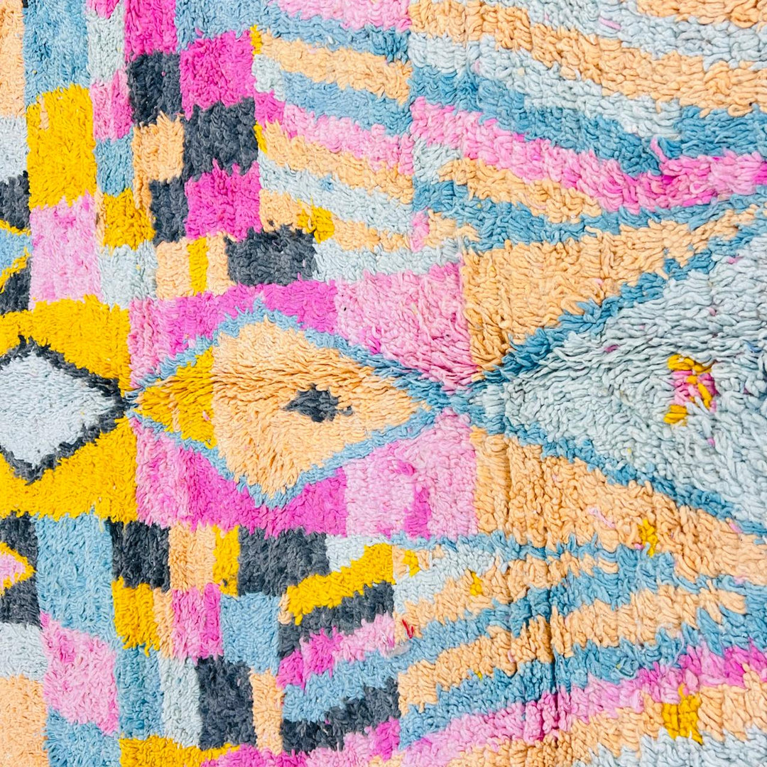 Vintage Moroccan wool rug with colorful Berber geometric pattern, handmade in Morocco