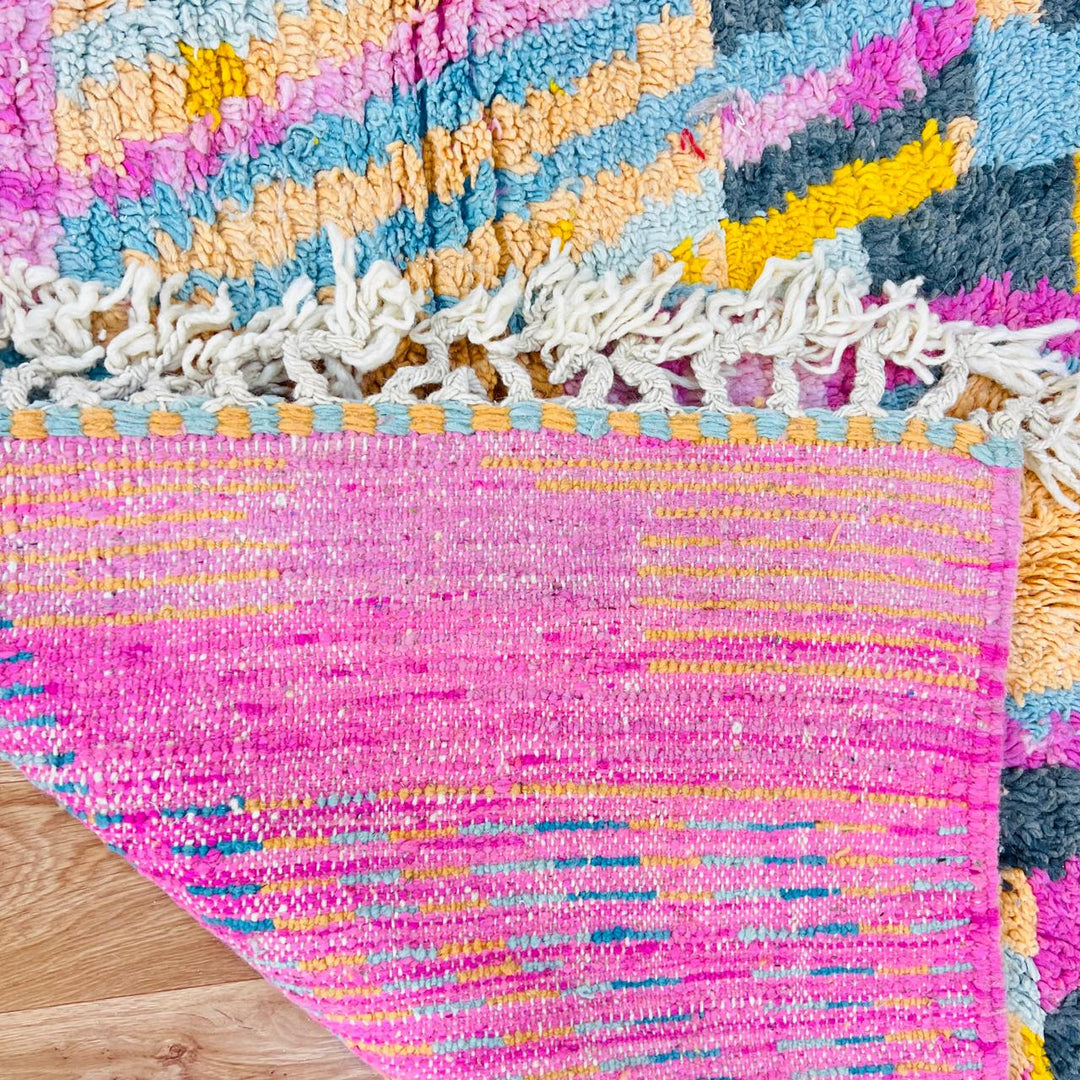Vintage Moroccan wool rug with colorful Berber geometric pattern, handmade in Morocco