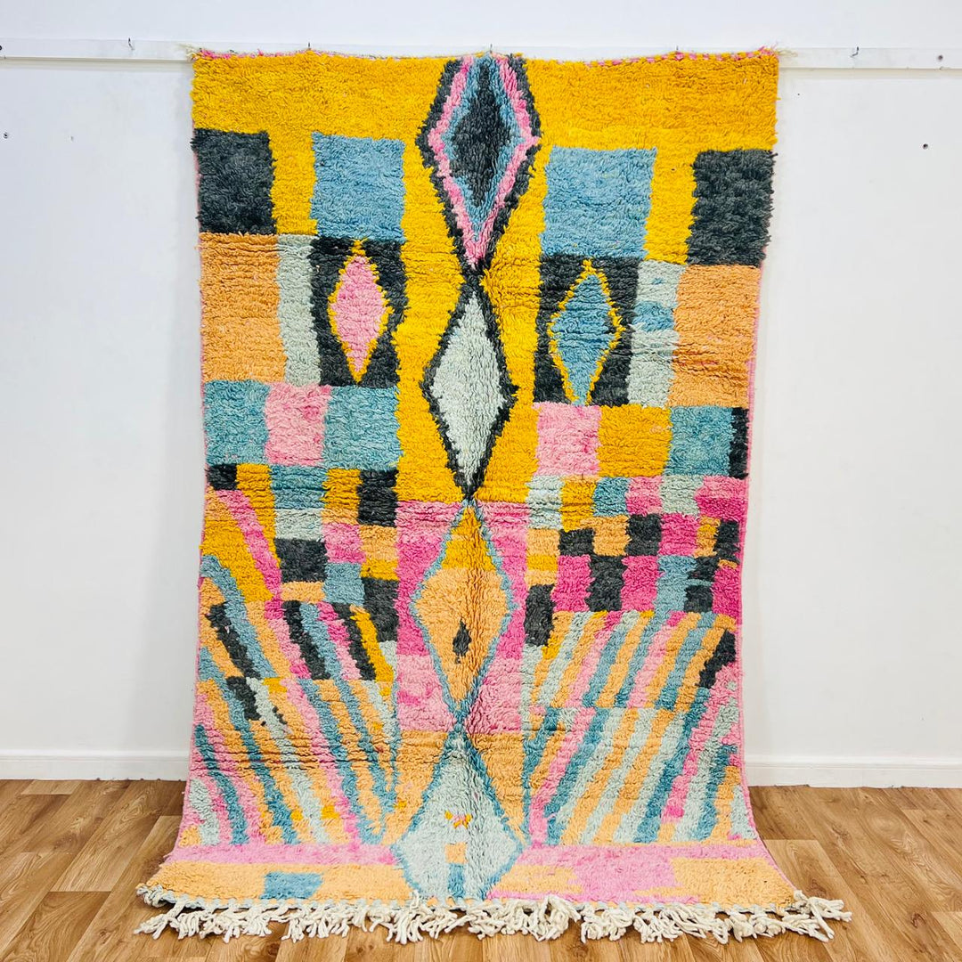 Vintage Moroccan wool rug with colorful Berber geometric pattern, handmade in Morocco